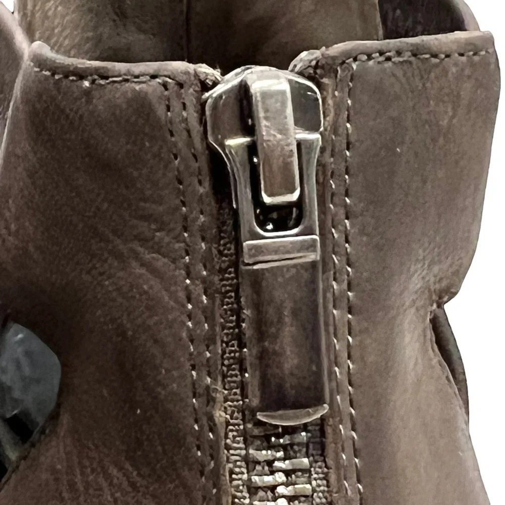 Eileen Fisher Vanda Tumbled Nubuck Leather Dark Gray Cut Out Booties